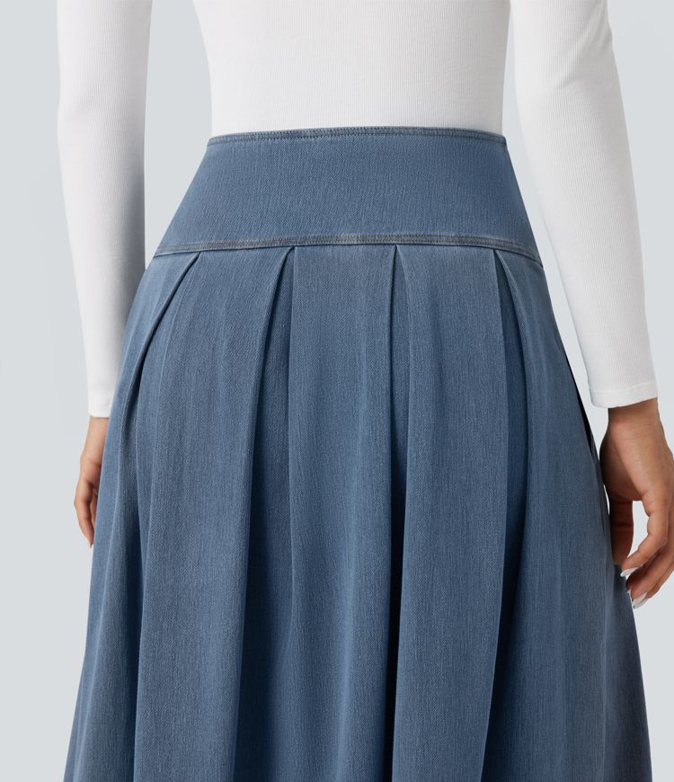 Halara Flex™ High Waisted Tummy Control Pleated Midi Casual Denim Skirt with Pockets