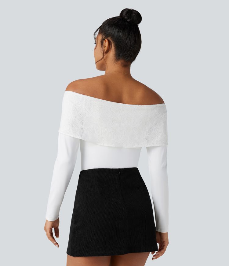 Haut dénudé en dentelle à manches longues avec soutien-gorge intégré, style décontracté