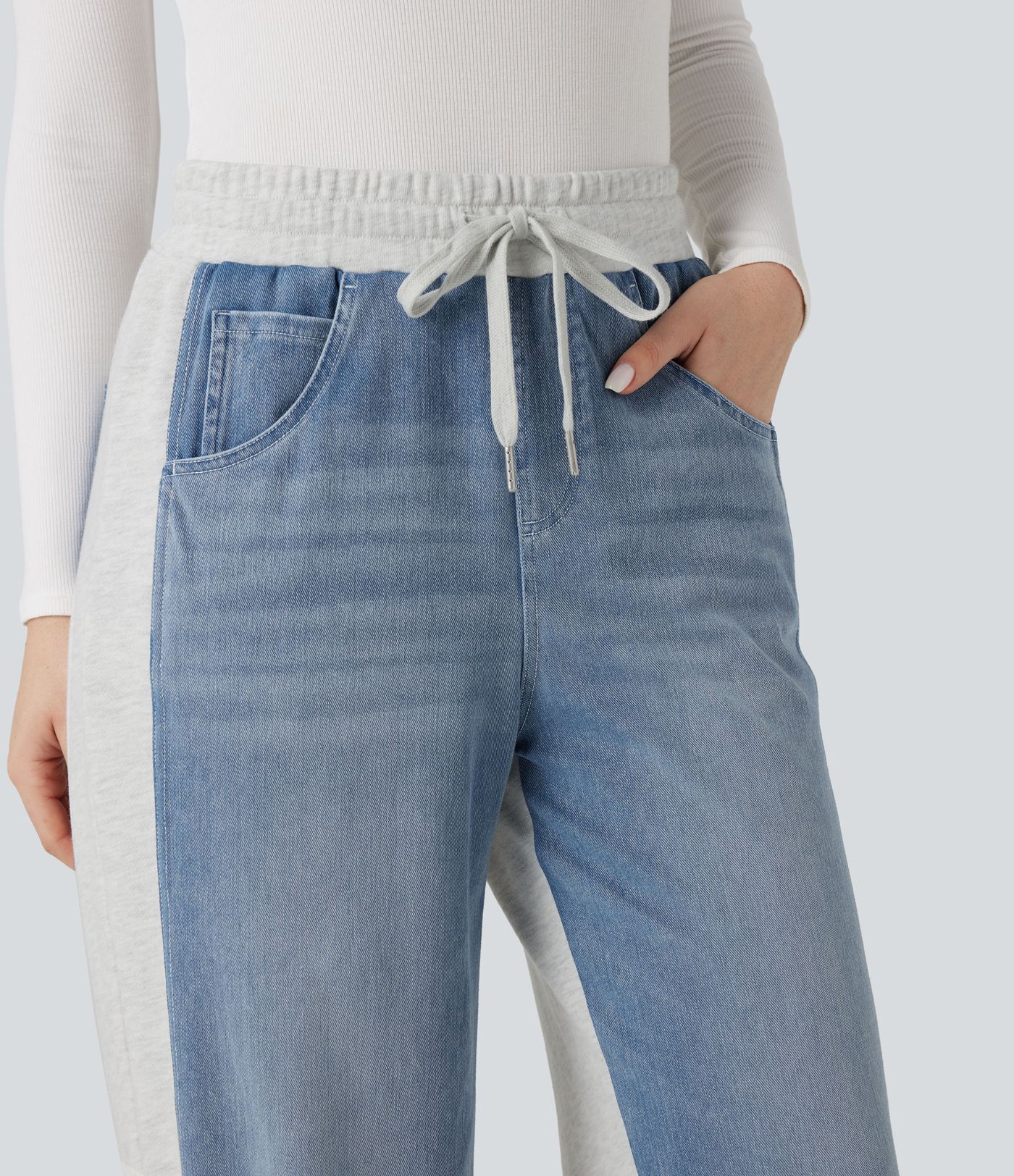 Halara Flex™ High-waisted Drawstring Color Block Casual Wide-leg Jogger Jeans with Pockets