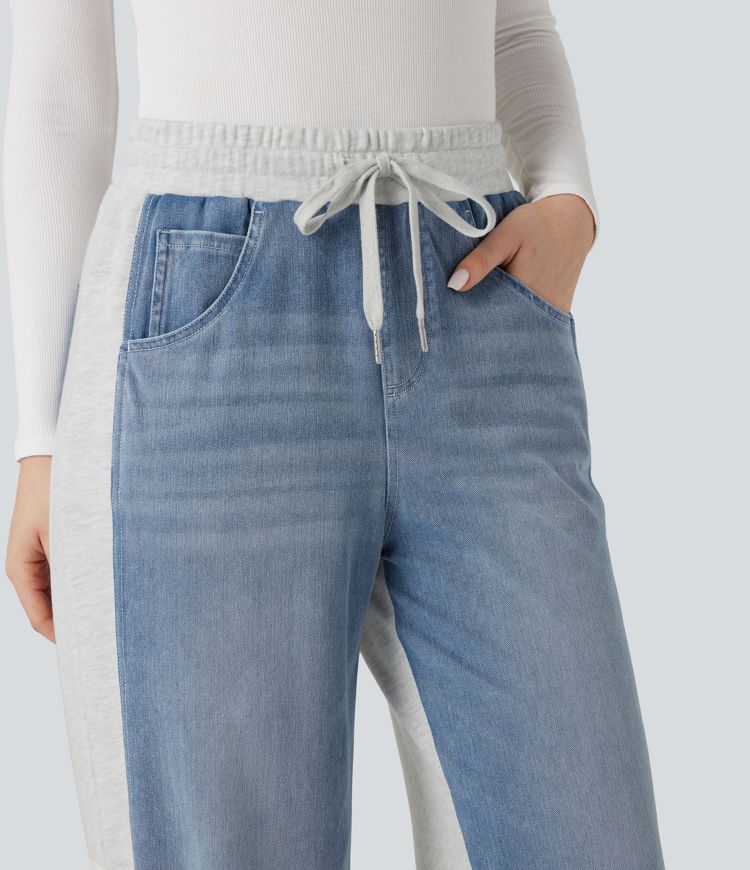 Halara Flex™ High-waisted Drawstring Color Block Casual Wide-leg Jogger Jeans with Pockets