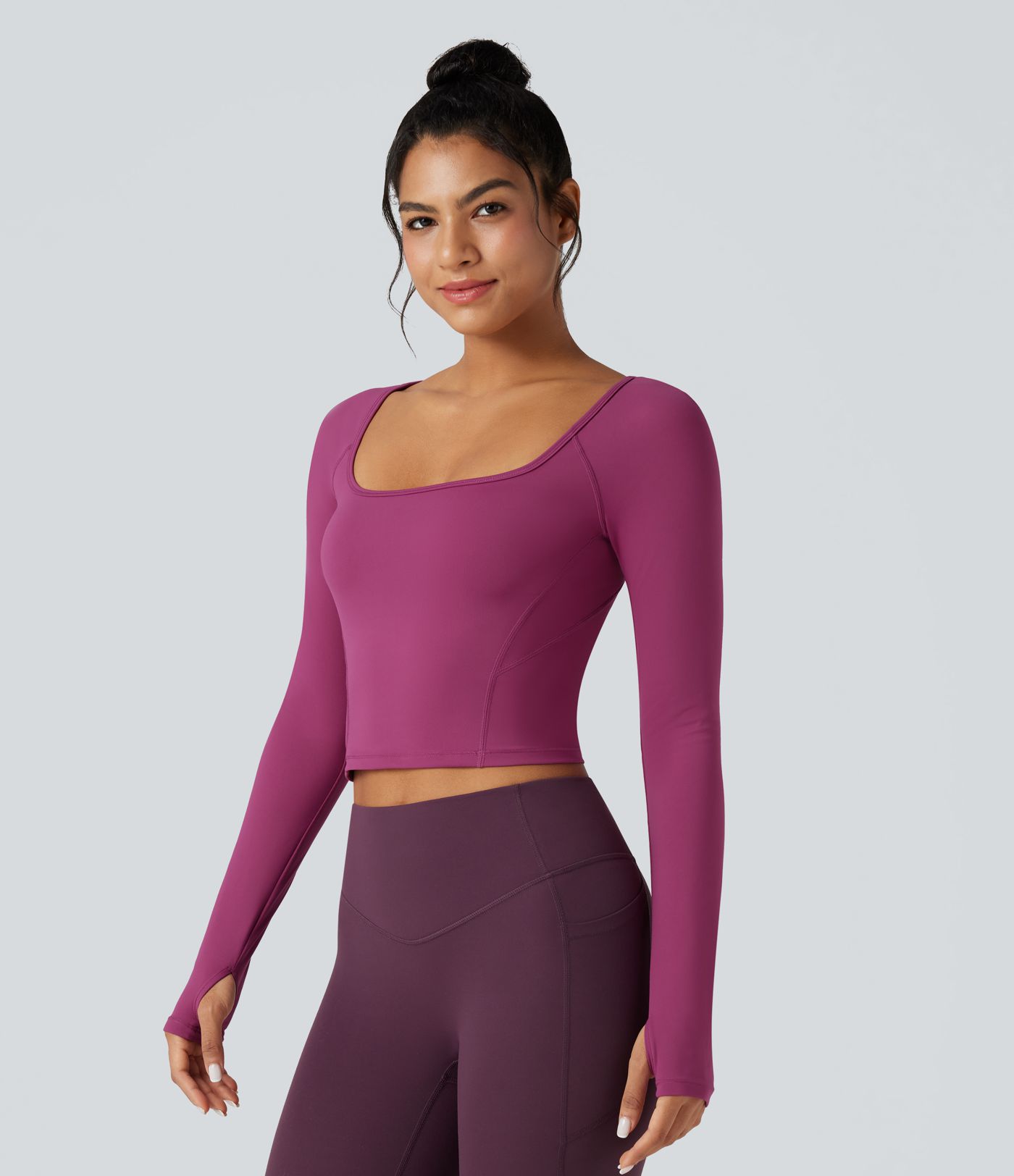 SoftlyZero™ Plush Square Neck Reglan Long Sleeve Thumb Holes Yoga Sports Top