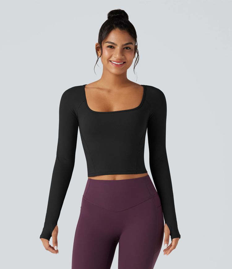 SoftlyZero™ Plush Square Neck Reglan Long Sleeve Thumb Holes Yoga Sports Top