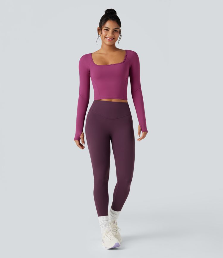SoftlyZero™ Plush Square Neck Reglan Long Sleeve Thumb Holes Yoga Sports Top