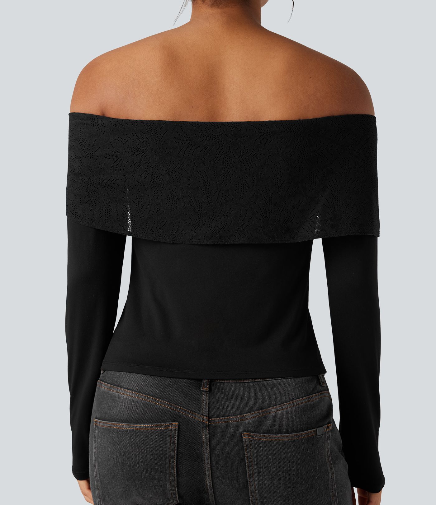 Off-shoulder Lace Long Sleeve Built-in Bra Casual Top