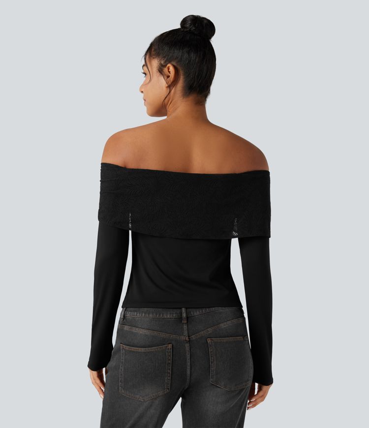 Off-shoulder Lace Long Sleeve Built-in Bra Casual Top