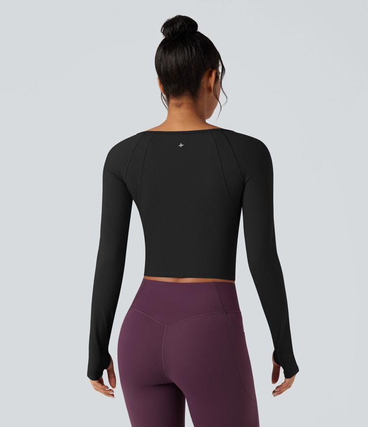 SoftlyZero™ Plush Square Neck Reglan Long Sleeve Thumb Holes Yoga Sports Top