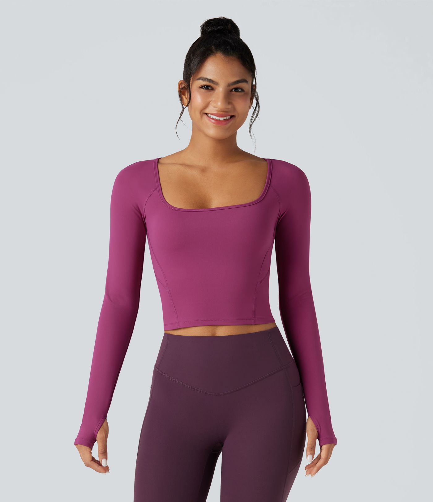 SoftlyZero™ Plush Square Neck Reglan Long Sleeve Thumb Holes Yoga Sports Top