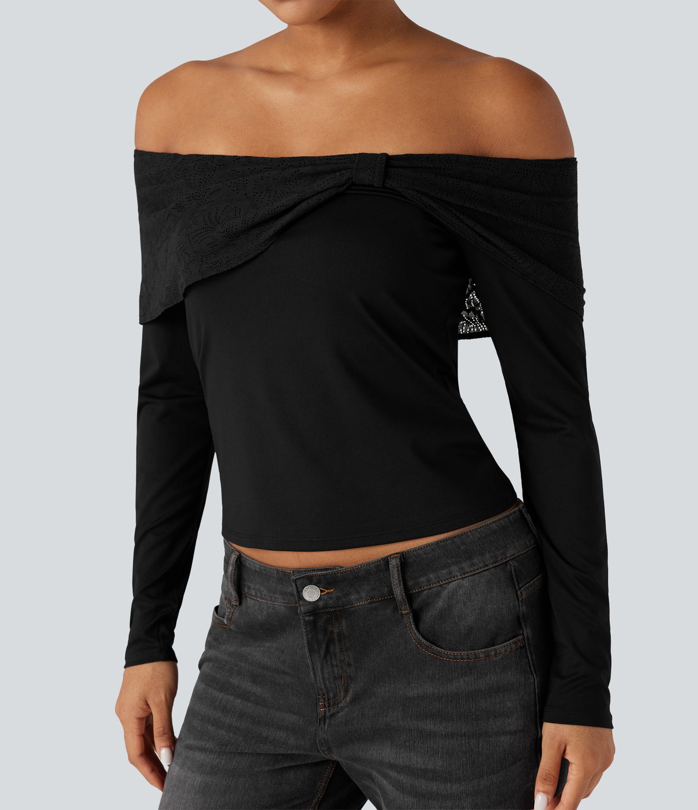 Off-shoulder Lace Long Sleeve Built-in Bra Casual Top