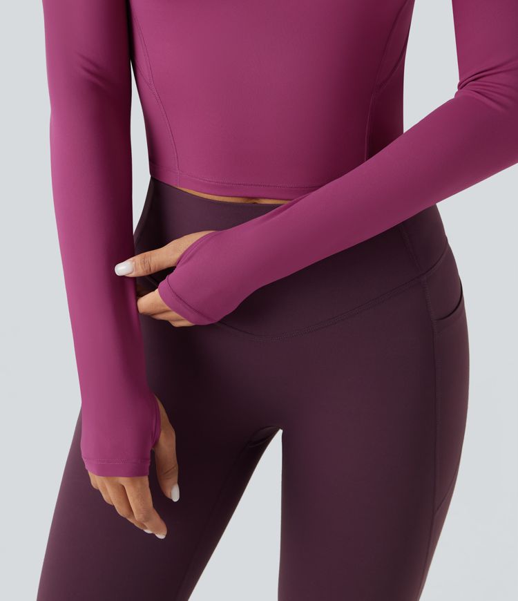 SoftlyZero™ Plush Square Neck Reglan Long Sleeve Thumb Holes Yoga Sports Top