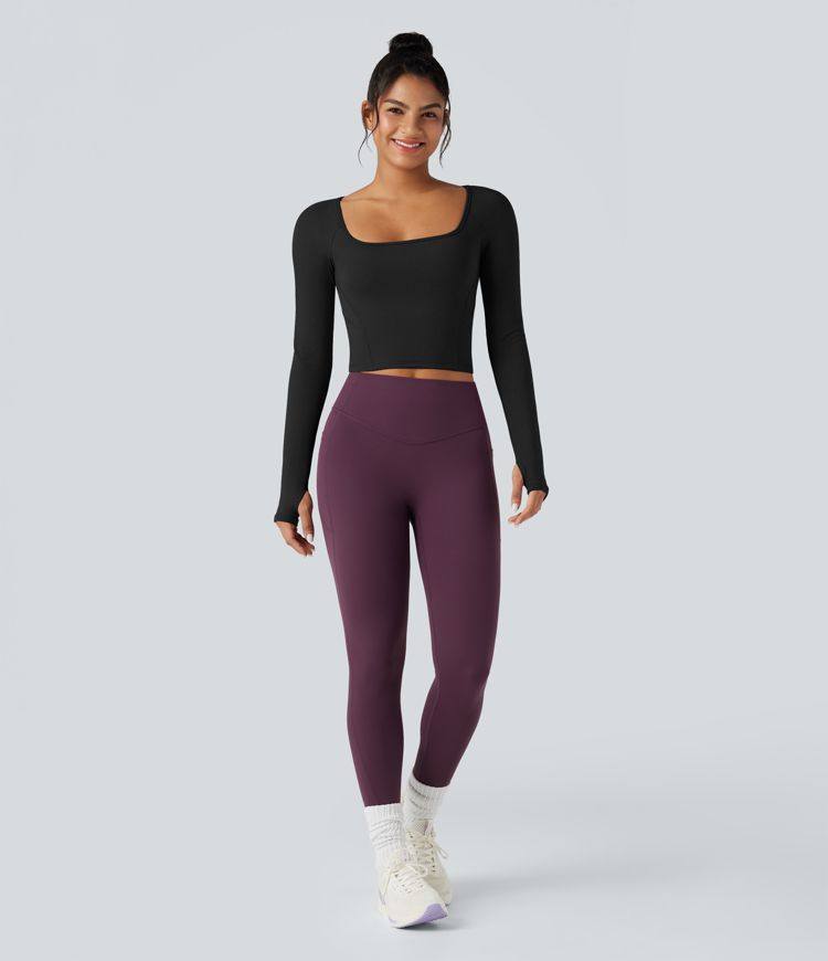 SoftlyZero™ Plush Square Neck Reglan Long Sleeve Thumb Holes Yoga Sports Top