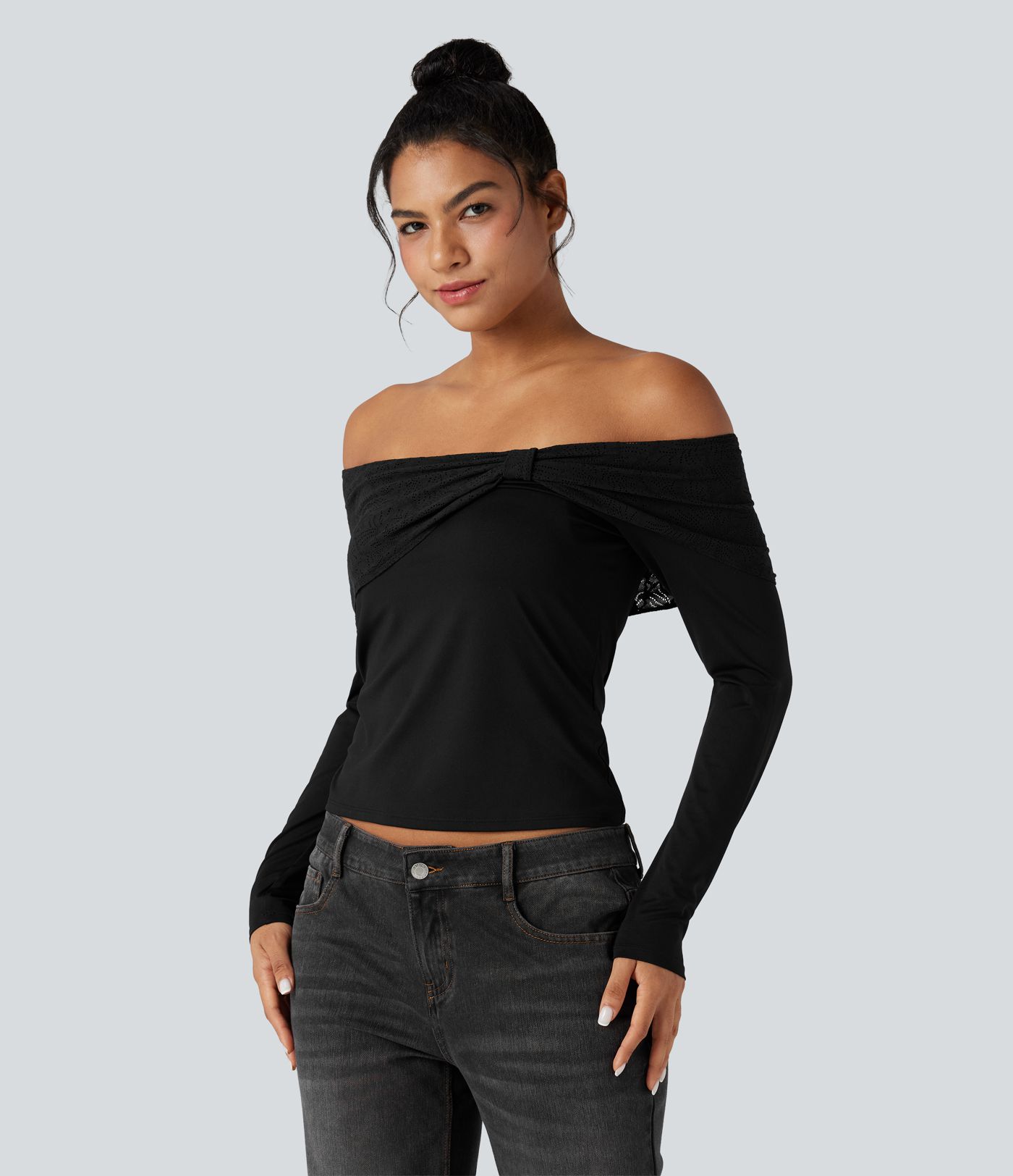 Off-shoulder Lace Long Sleeve Built-in Bra Casual Top