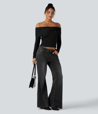 Off-shoulder Lace Long Sleeve Built-in Bra Casual Top