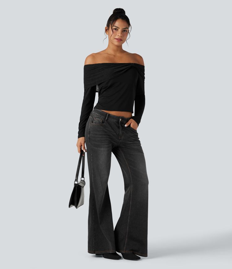 Off-shoulder Lace Long Sleeve Built-in Bra Casual Top