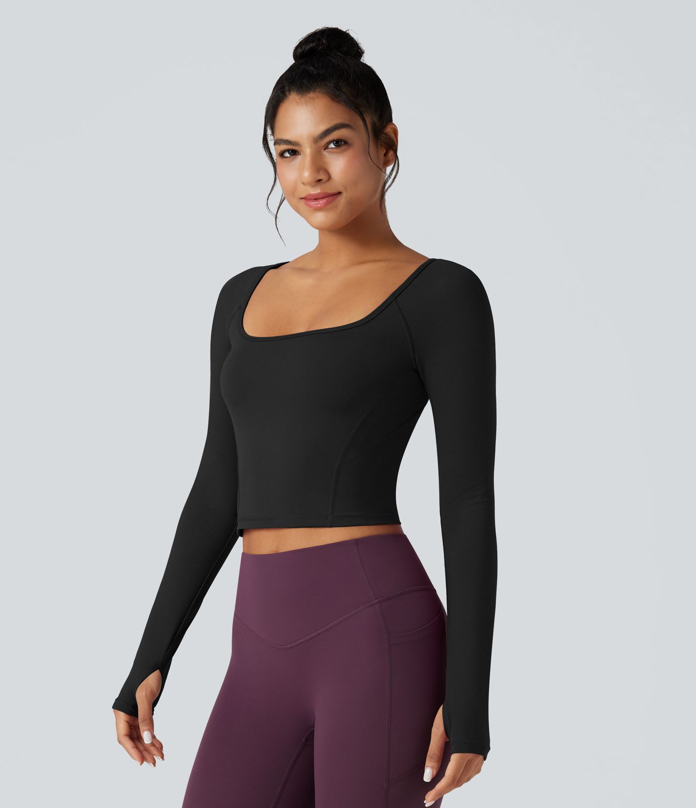 SoftlyZero™ Plush Square Neck Reglan Long Sleeve Thumb Holes Yoga Sports Top