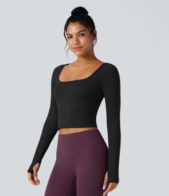 SoftlyZero™ Plush Square Neck Reglan Long Sleeve Thumb Holes Yoga Sports Top