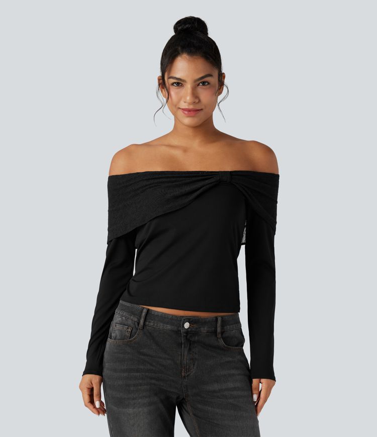 Off-shoulder Lace Long Sleeve Built-in Bra Casual Top