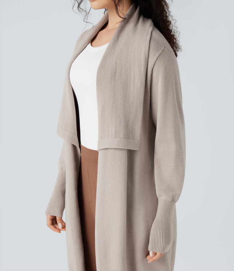Lapel Long Sleeve Longline Work Cardigan with Pockets