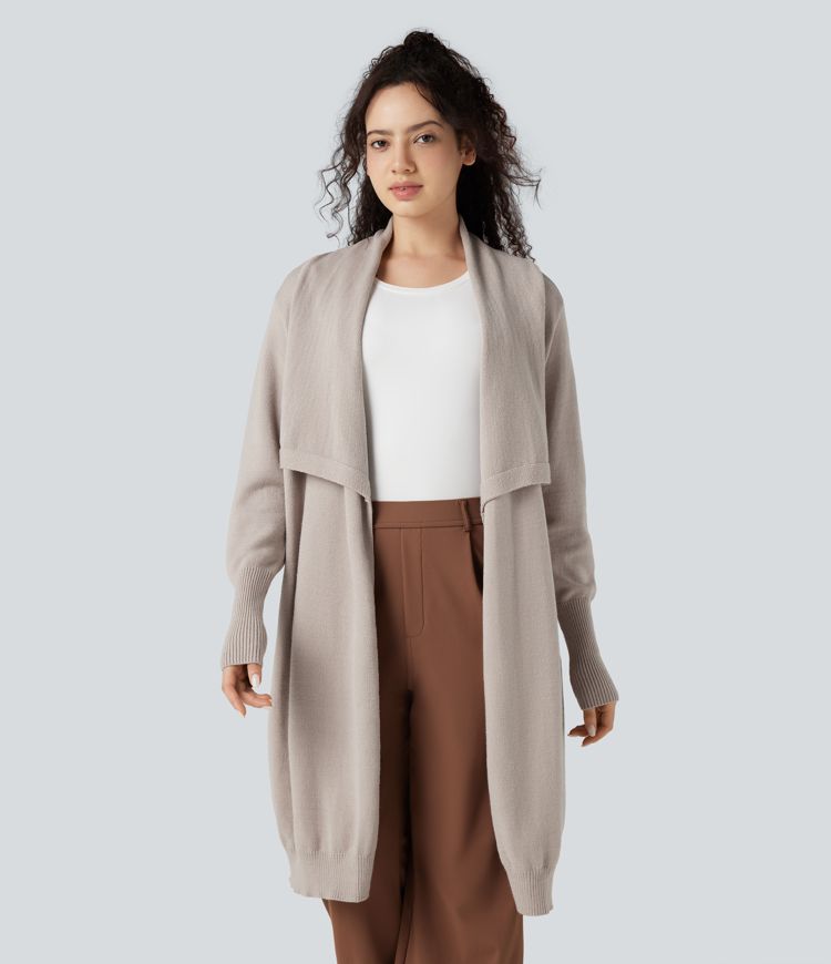 Lapel Long Sleeve Longline Work Cardigan with Pockets