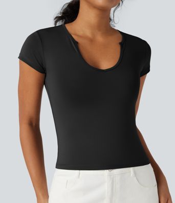 Notched Short Sleeve Slim Casual T-Shirt