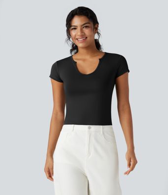 Notched Short Sleeve Slim Casual T-Shirt