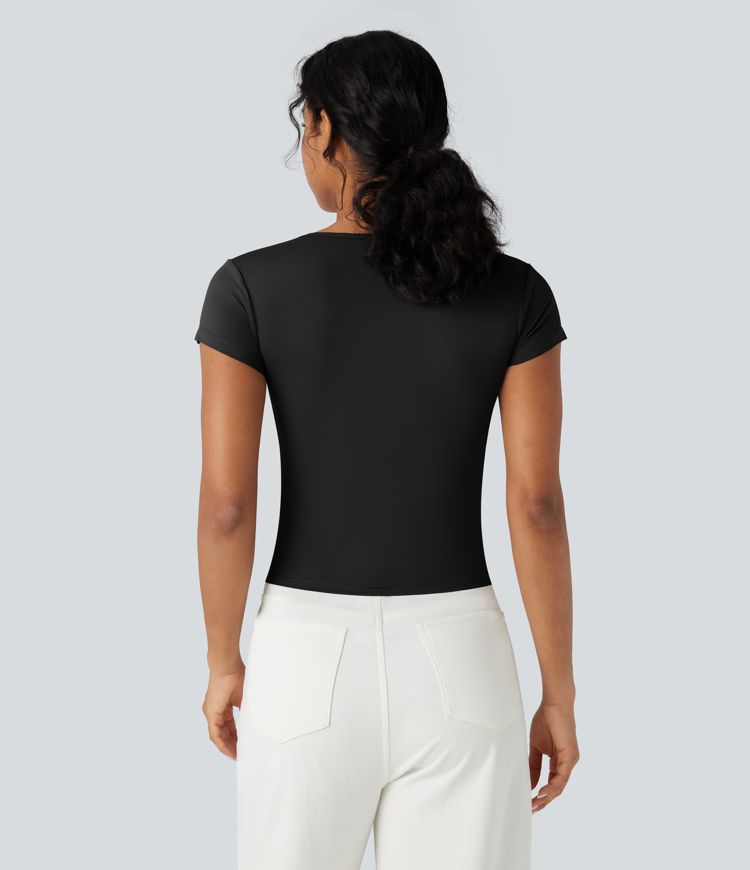 Notched Short Sleeve Slim Casual T-Shirt