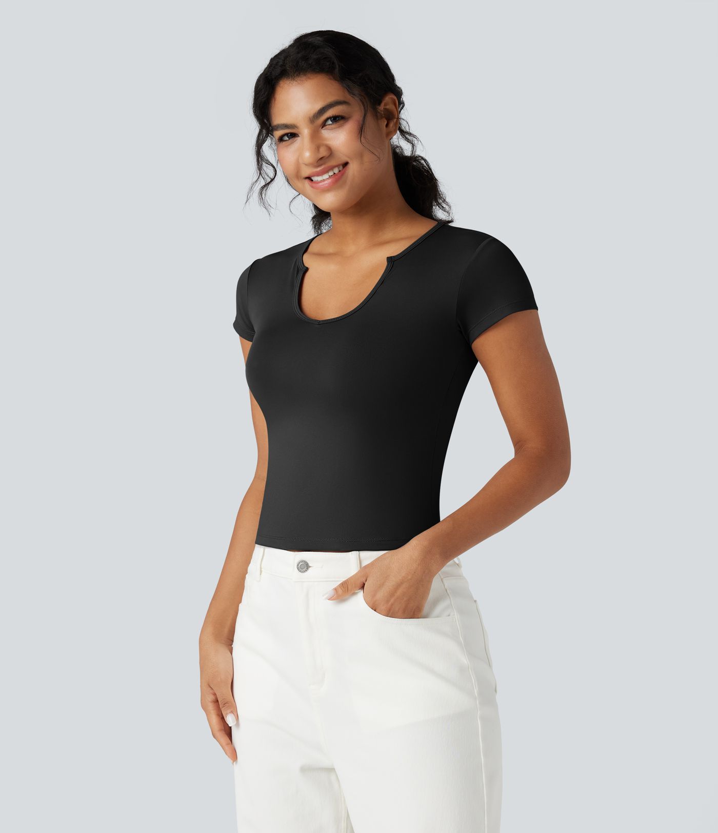 Notched Short Sleeve Slim Casual T-Shirt