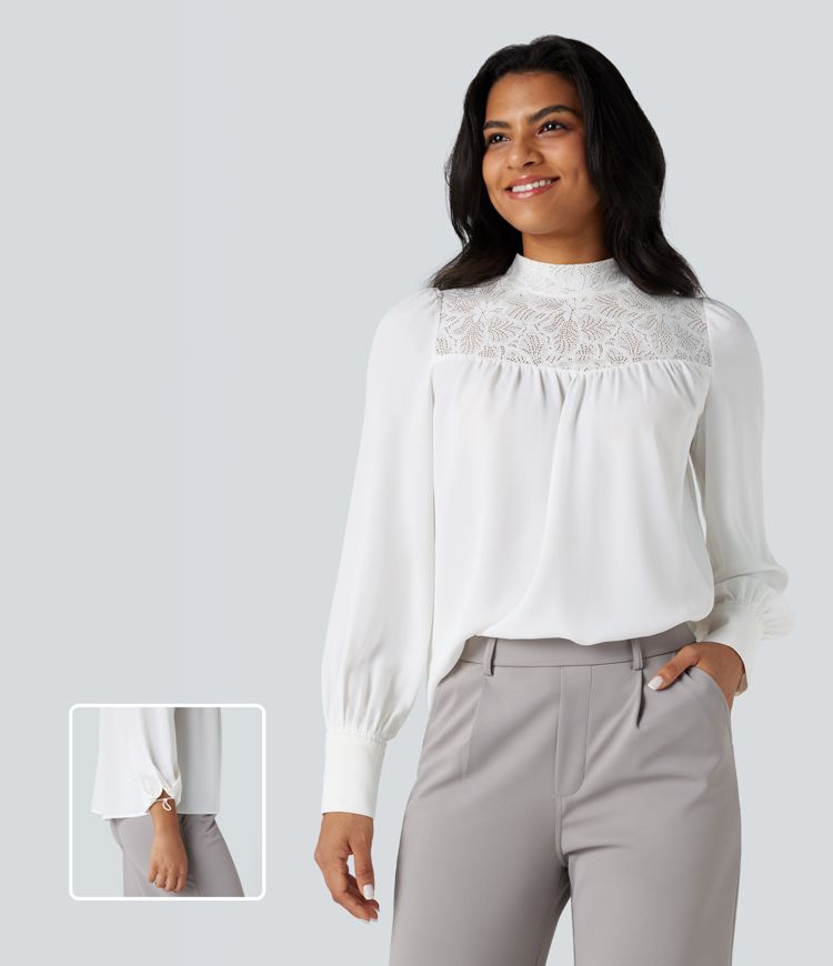 Mock Neck Long Sleeve Contrast Lace Work Shirt
