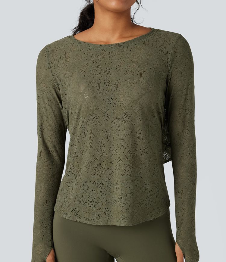 Round Neck Long Sleeve Thumb Holes Tie Back Yoga Lace Sports Top