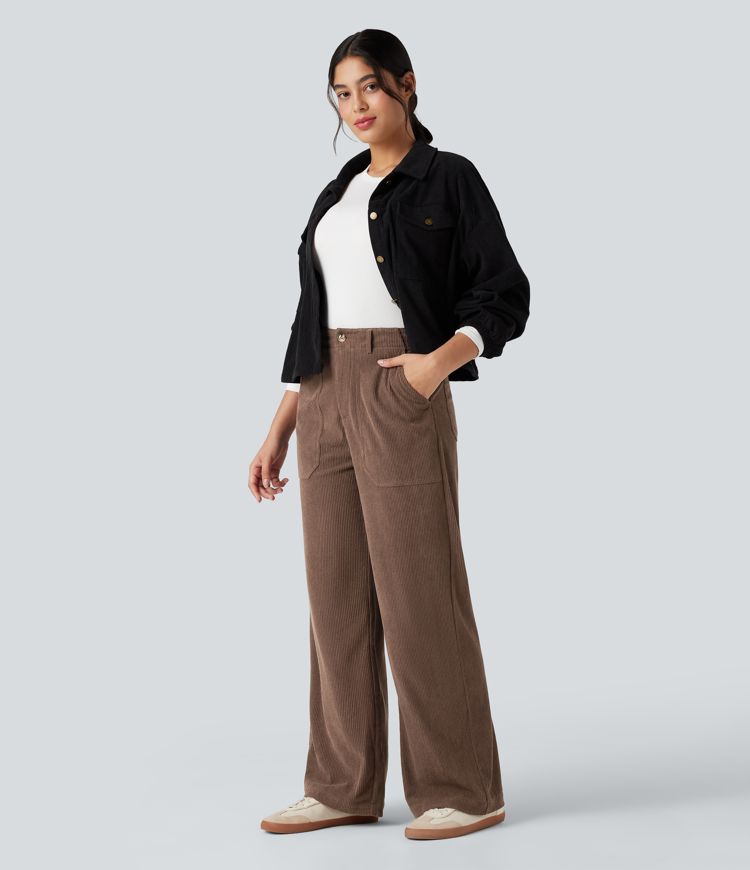 High Waisted Corduroy Casual Wide Leg Trousers with Pockets