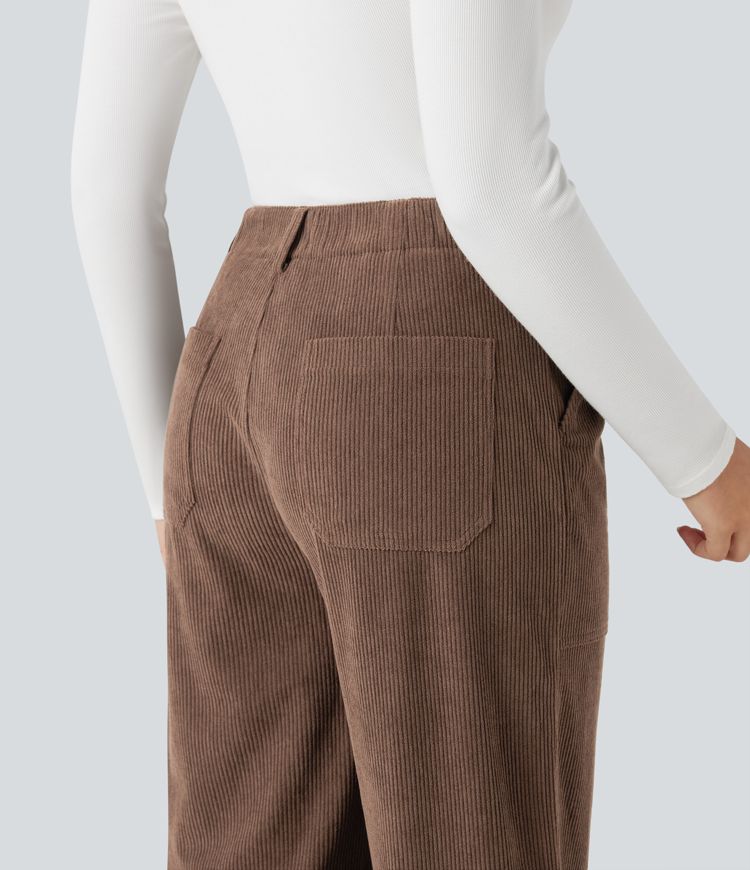 High Waisted Corduroy Casual Wide Leg Trousers with Pockets