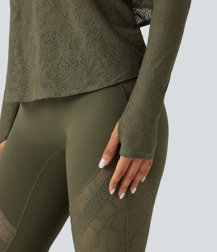 Round Neck Long Sleeve Thumb Holes Tie Back Yoga Lace Sports Top