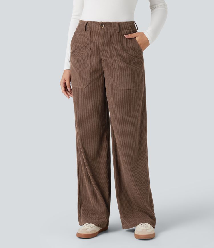 High Waisted Corduroy Casual Wide Leg Trousers with Pockets