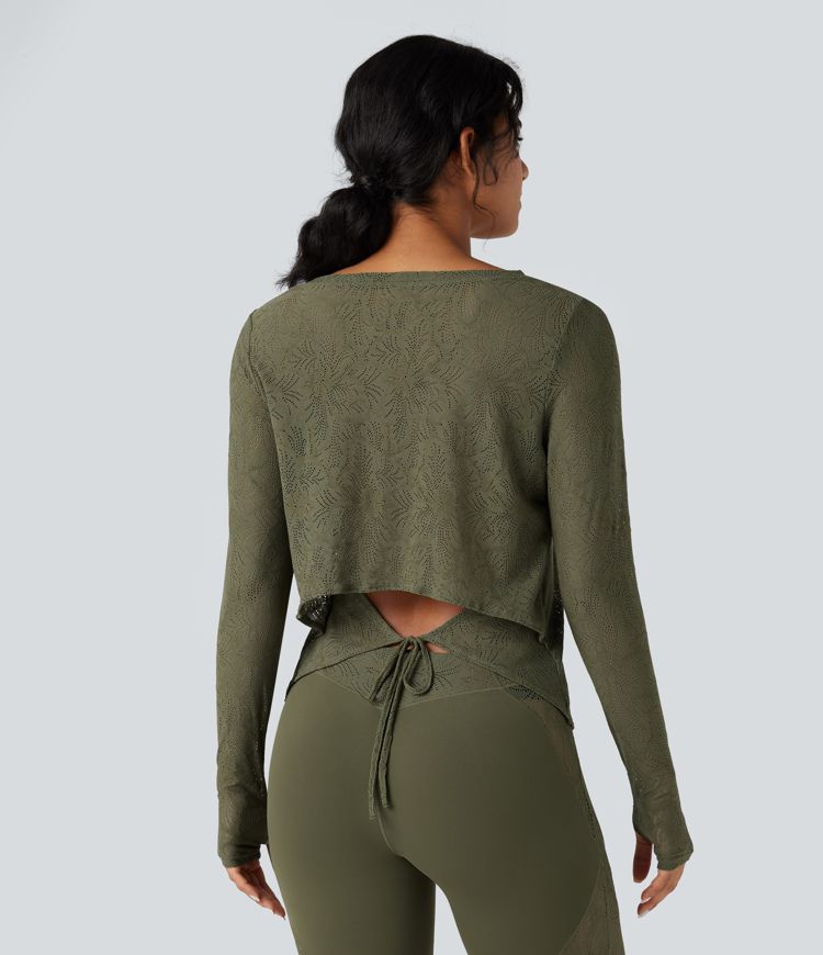 Round Neck Long Sleeve Thumb Holes Tie Back Yoga Lace Sports Top