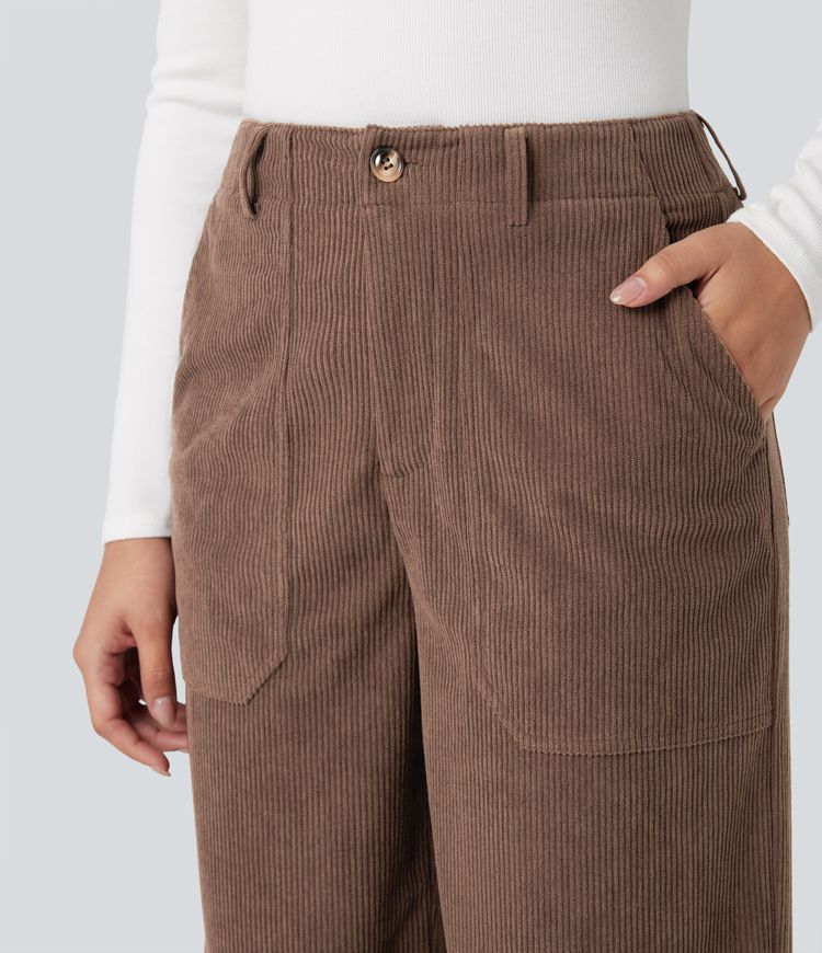 High Waisted Corduroy Casual Wide Leg Trousers with Pockets