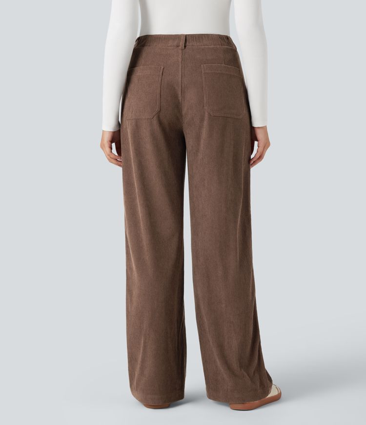 High Waisted Corduroy Casual Wide Leg Trousers with Pockets