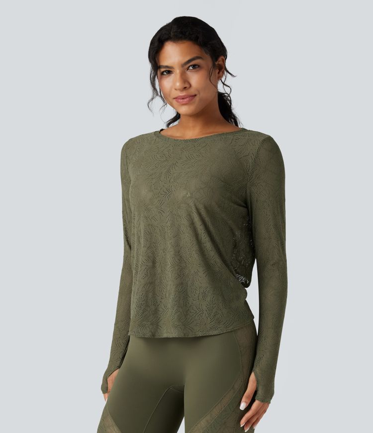 Round Neck Long Sleeve Thumb Holes Tie Back Yoga Lace Sports Top