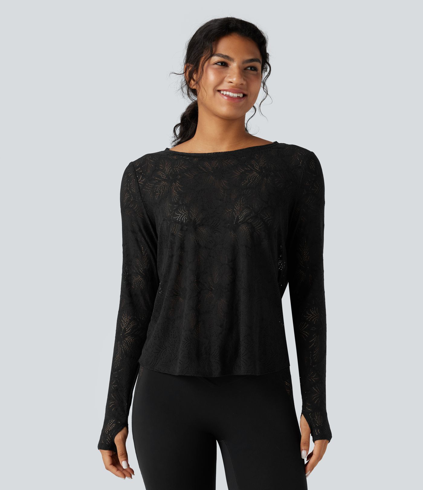 Round Neck Long Sleeve Thumb Holes Tie Back Yoga Lace Sports Top