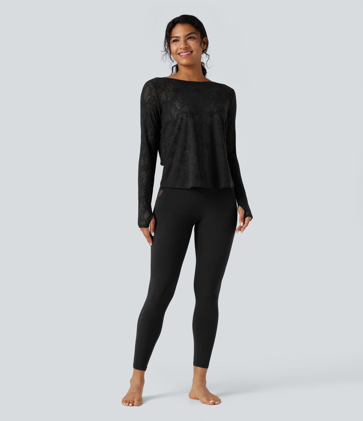 Round Neck Long Sleeve Thumb Holes Tie Back Yoga Lace Sports Top