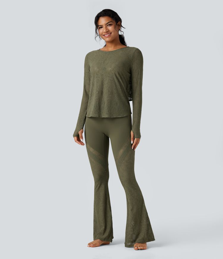 Round Neck Long Sleeve Thumb Holes Tie Back Yoga Lace Sports Top