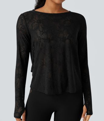 Round Neck Long Sleeve Thumb Holes Tie Back Yoga Lace Sports Top