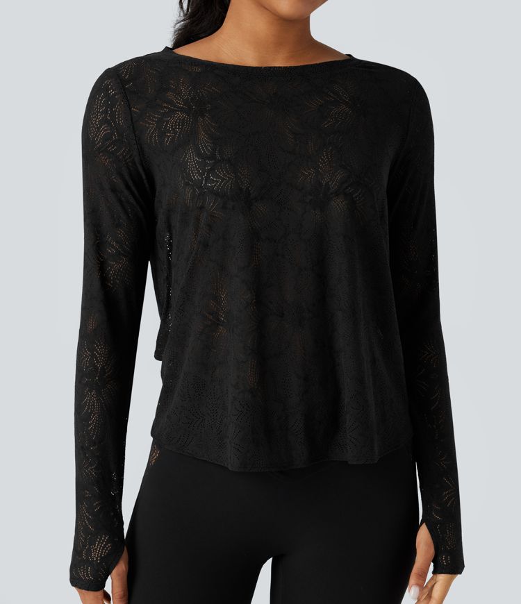 Round Neck Long Sleeve Thumb Holes Tie Back Yoga Lace Sports Top