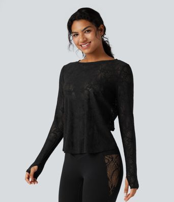 Round Neck Long Sleeve Thumb Holes Tie Back Yoga Lace Sports Top