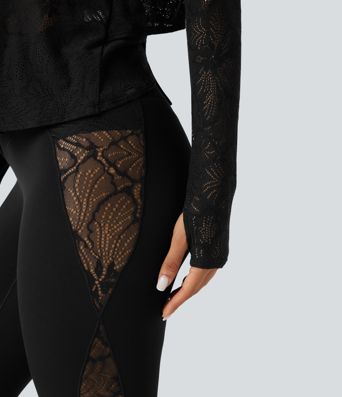 Round Neck Long Sleeve Thumb Holes Tie Back Yoga Lace Sports Top