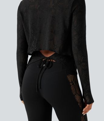 Round Neck Long Sleeve Thumb Holes Tie Back Yoga Lace Sports Top