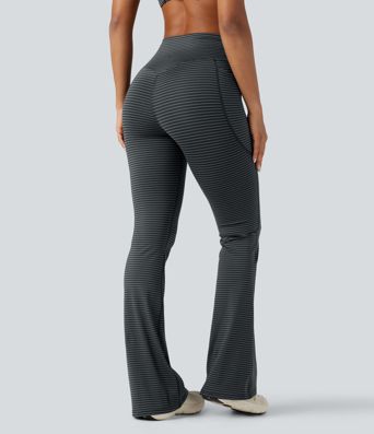 High-waisted Tummy Control Striped Yoga Bootcut Legging with Pockets