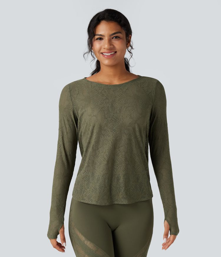 Round Neck Long Sleeve Thumb Holes Tie Back Yoga Lace Sports Top