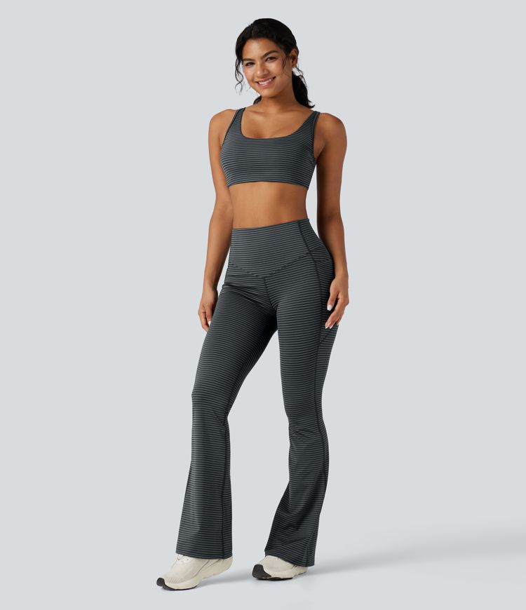 High-waisted Tummy Control Striped Yoga Bootcut Legging with Pockets