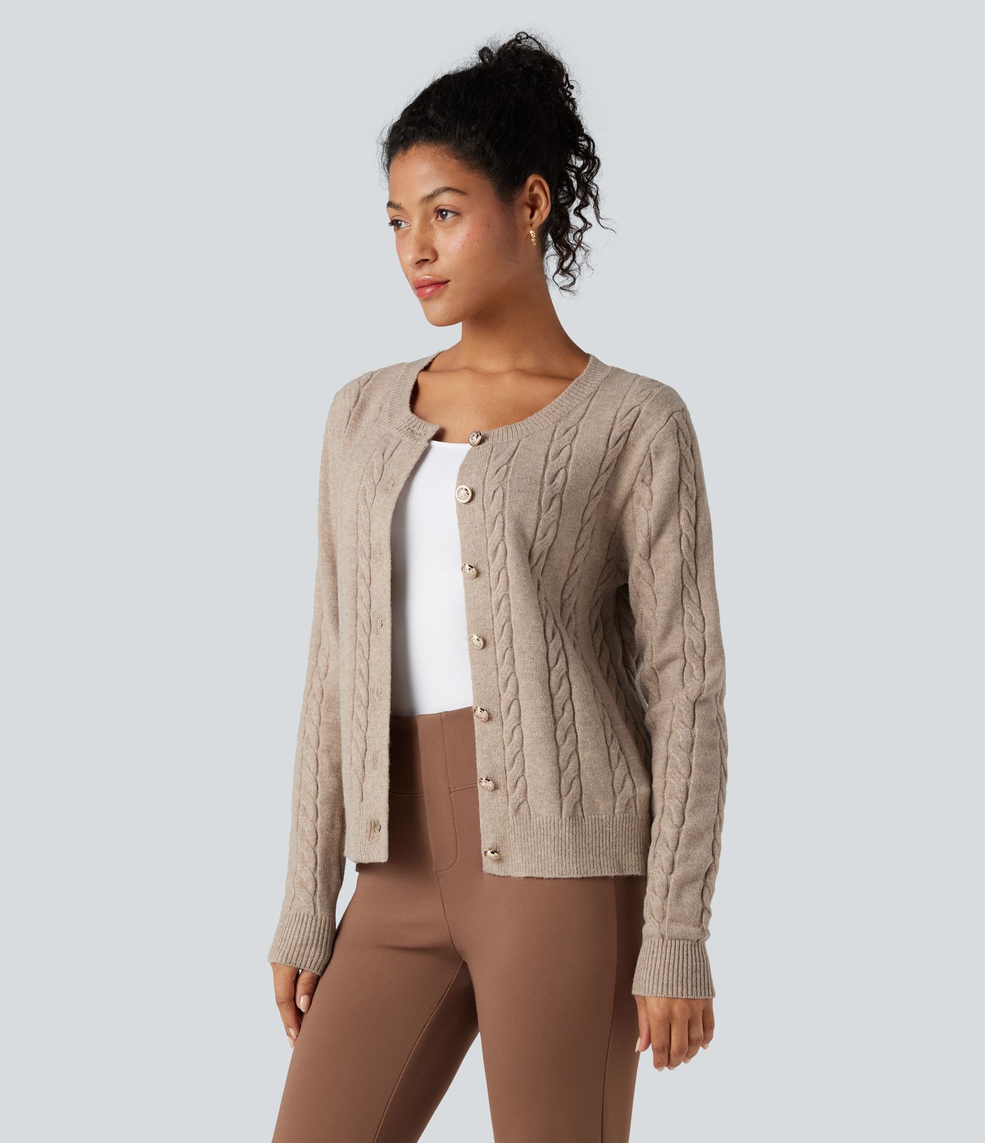 Round Neck Long Sleeve Cable Knit Work Cardigan