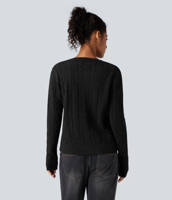 Round Neck Long Sleeve Cable Knit Work Cardigan