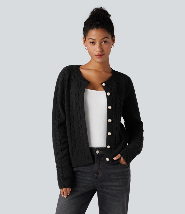 Round Neck Long Sleeve Cable Knit Work Cardigan